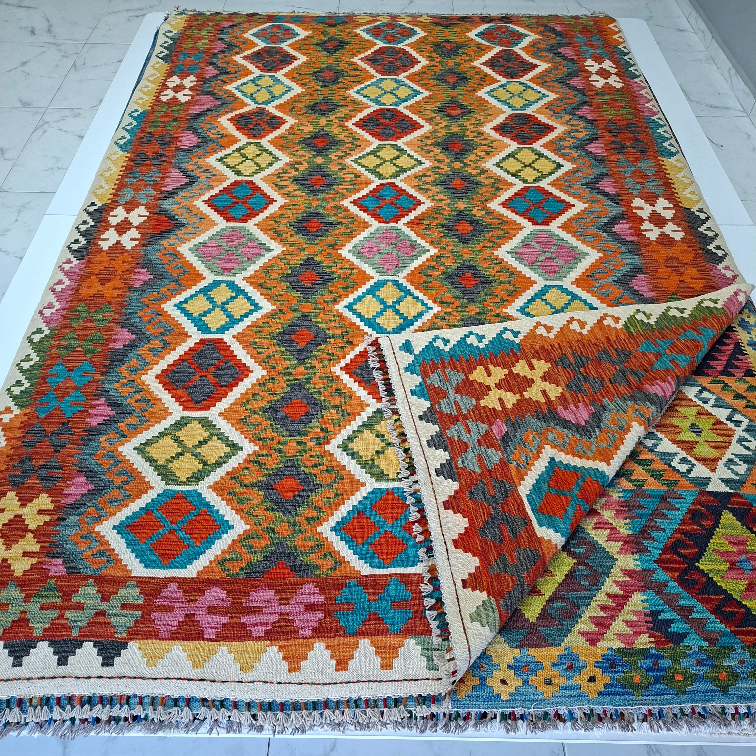 Maimana Kilim – El Dokuma Kilim – Geometrik Desenli – %100 Yün – Doğal Boya – Afgan Kilimi – Yeni Dokuma