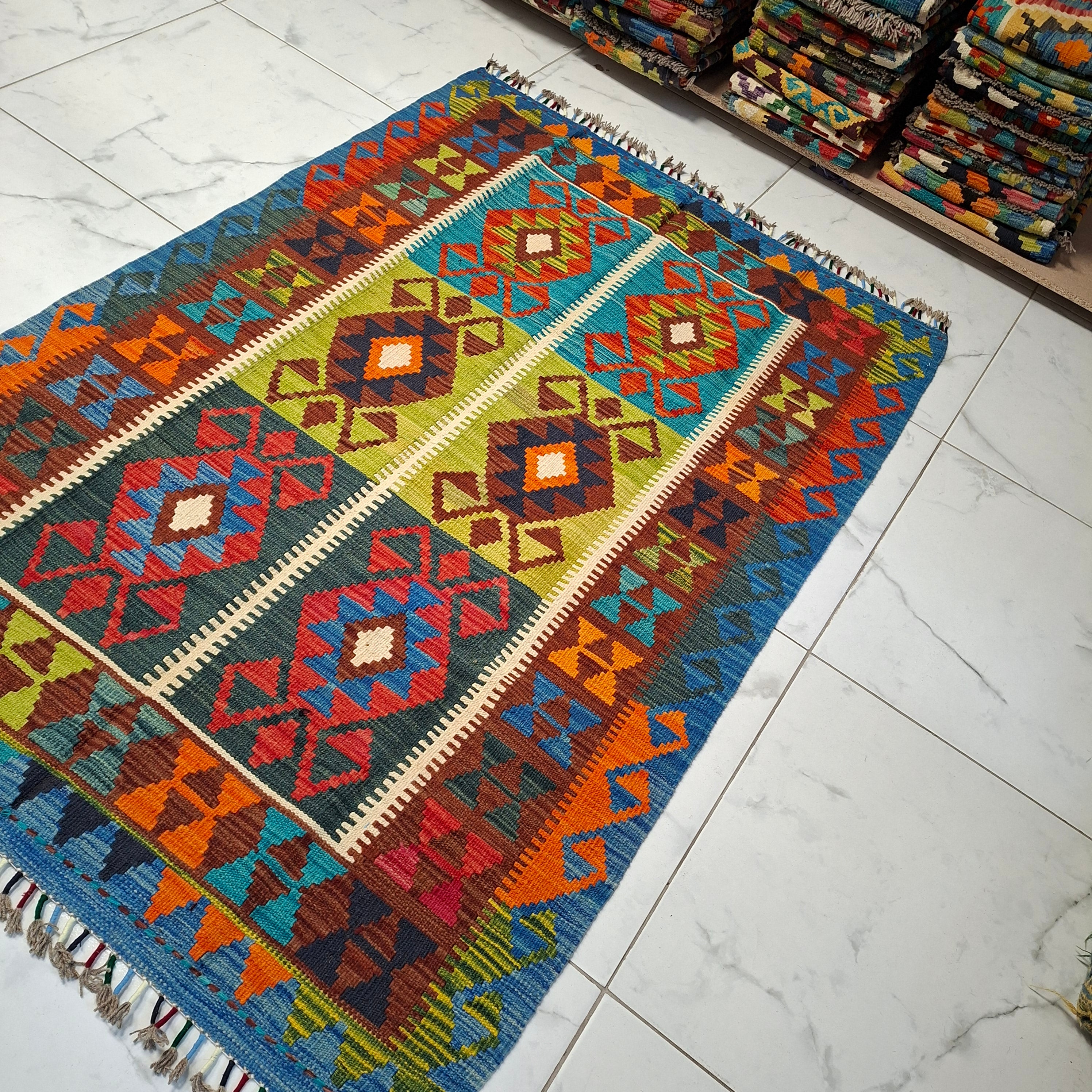 Maimana Kilim – El Dokuma Kilim – Geometrik Desenli – %100 Yün – Doğal Boya – Afgan Kilimi – Yeni Dokuma