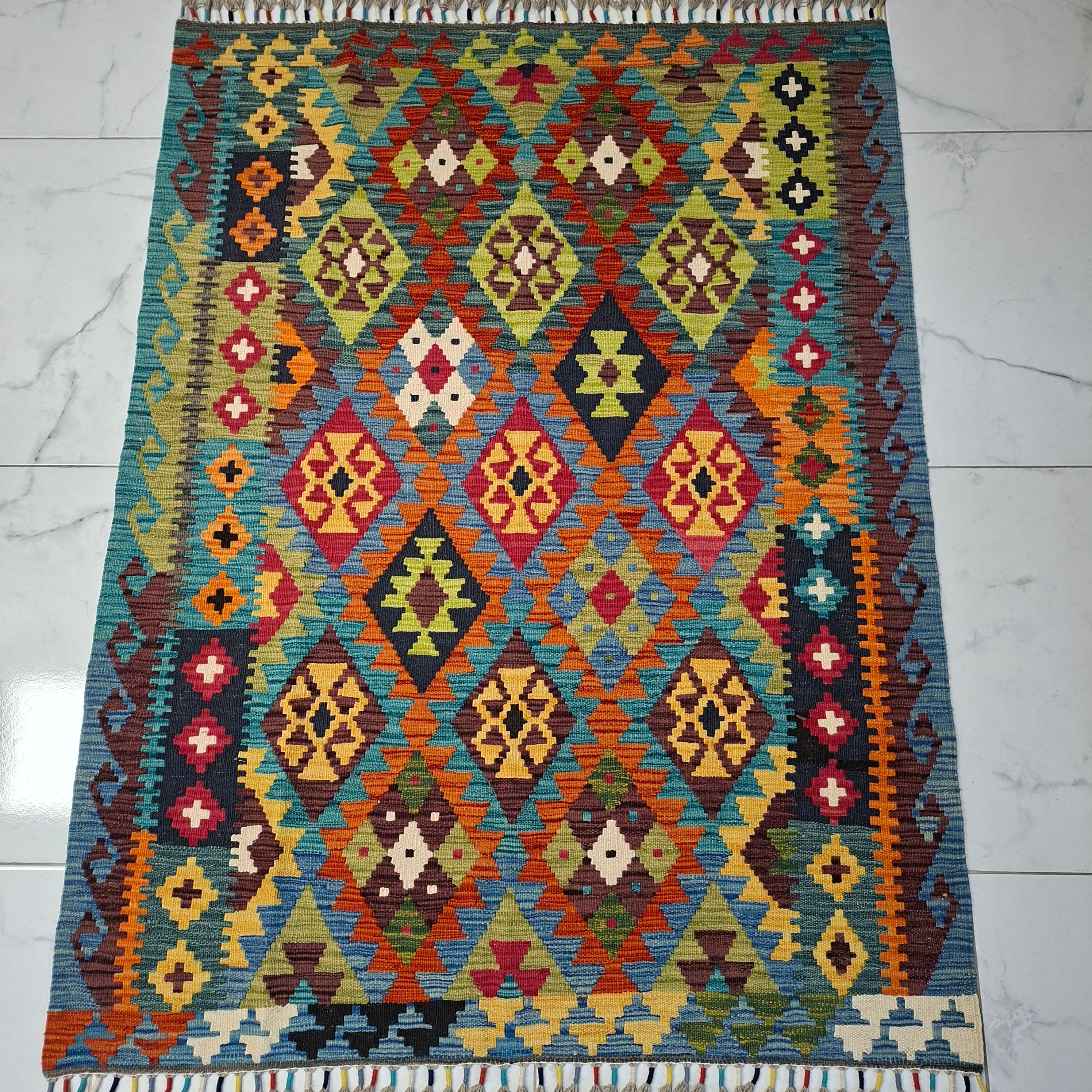 Maimana Kilim – El Dokuma Kilim – Geometrik Desenli – %100 Yün – Doğal Boya – Afgan Kilimi – Yeni Dokuma