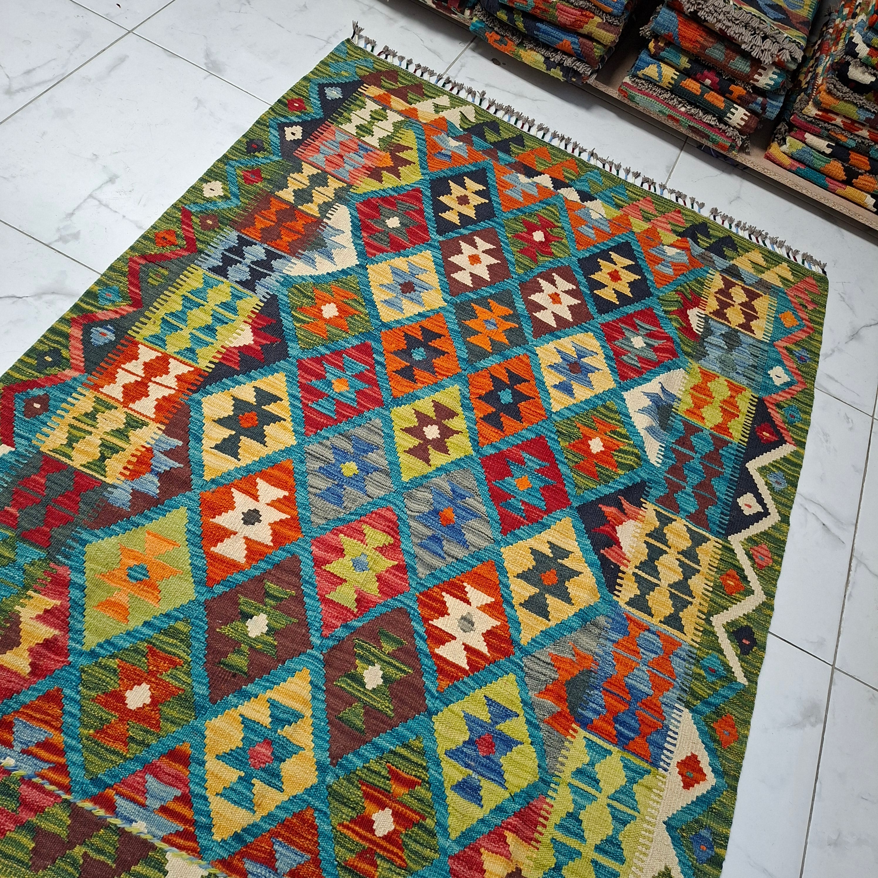 Maimana Kilim – El Dokuma Kilim – Geometrik Desenli – %100 Yün – Doğal Boya – Afgan Kilimi – Yeni Dokuma