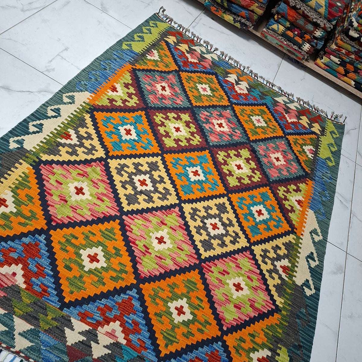 Maimana Kilim – El Dokuma Kilim – Geometrik Desenli – %100 Yün – Doğal Boya – Afgan Kilimi – Yeni Dokuma
