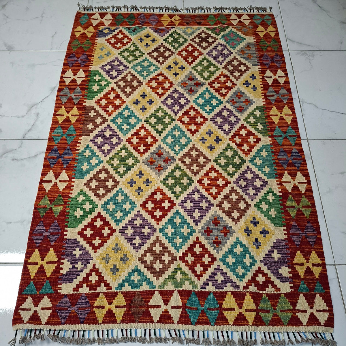 Maimana Kilim – El Dokuma Kilim – Geometrik Desenli – %100 Yün – Doğal Boya – Afgan Kilimi – Yeni Dokuma
