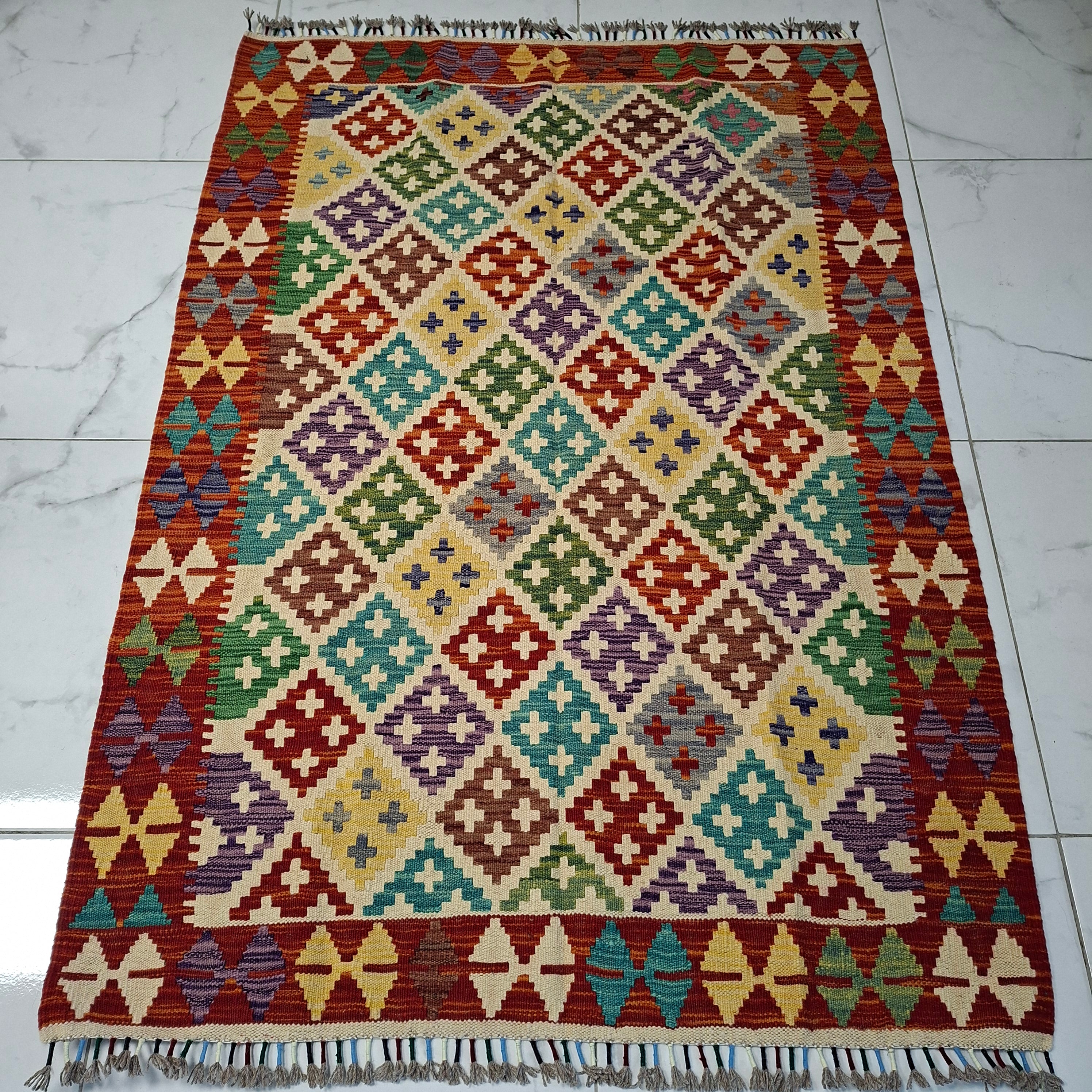Maimana Kilim – El Dokuma Kilim – Geometrik Desenli – %100 Yün – Doğal Boya – Afgan Kilimi – Yeni Dokuma