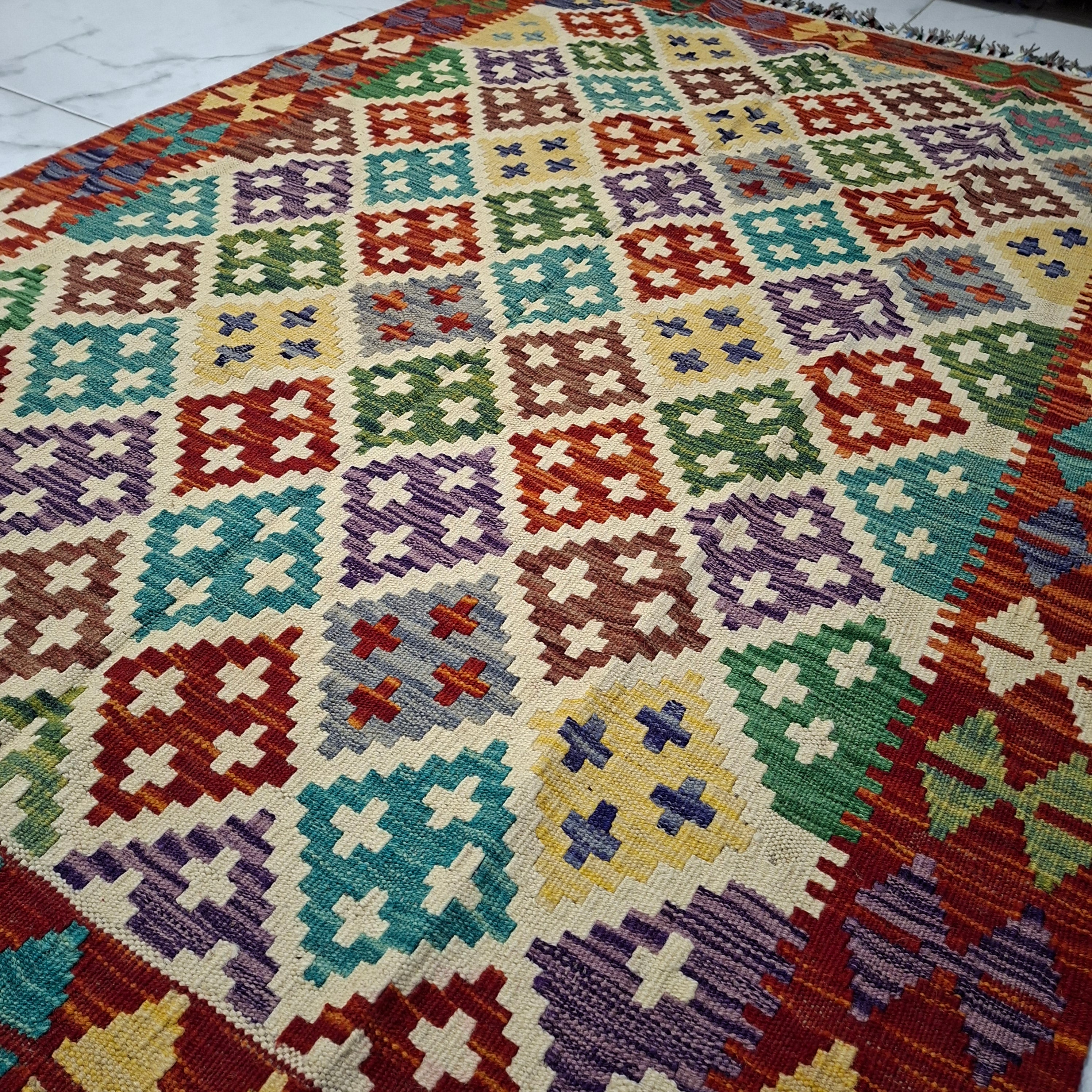 Maimana Kilim – El Dokuma Kilim – Geometrik Desenli – %100 Yün – Doğal Boya – Afgan Kilimi – Yeni Dokuma