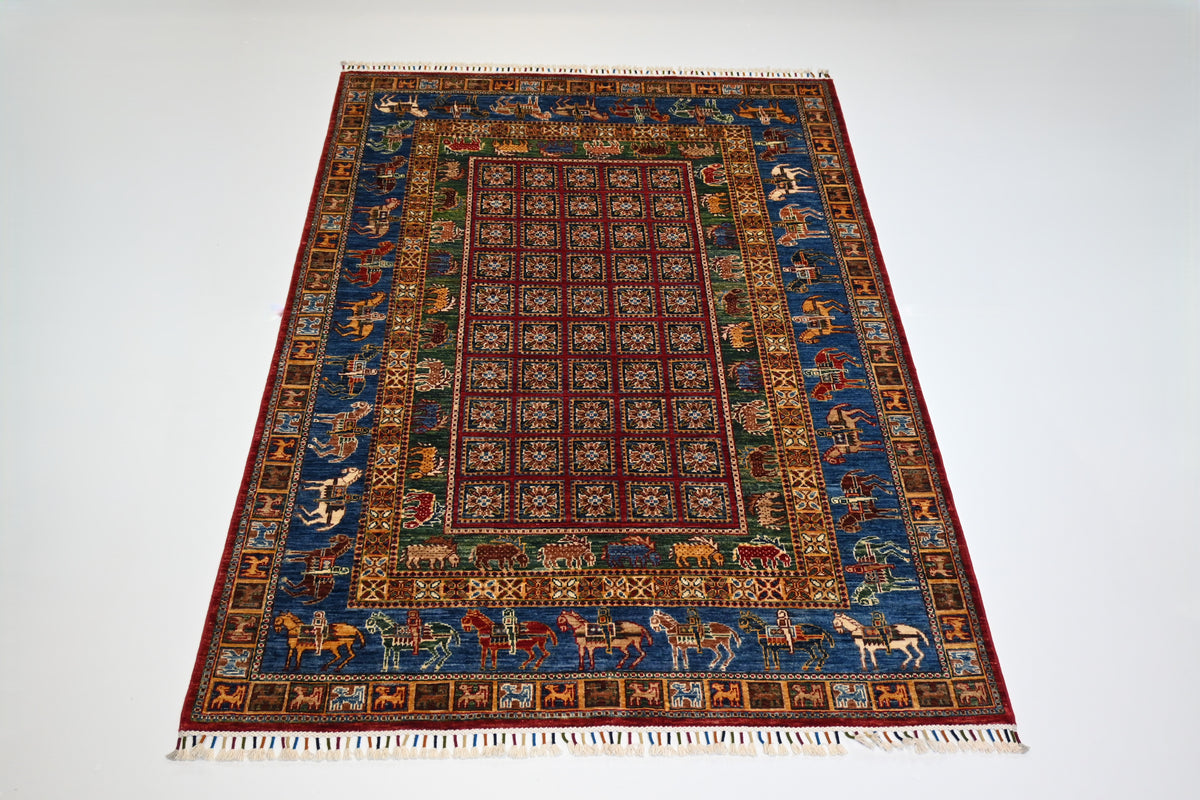 Afgan El Dokuma Halı | 204x152 cm | 35x40 İlmek | %100 Yün – Doğal Kök Boya – Hayvan Motifli | Yeni Dokuma