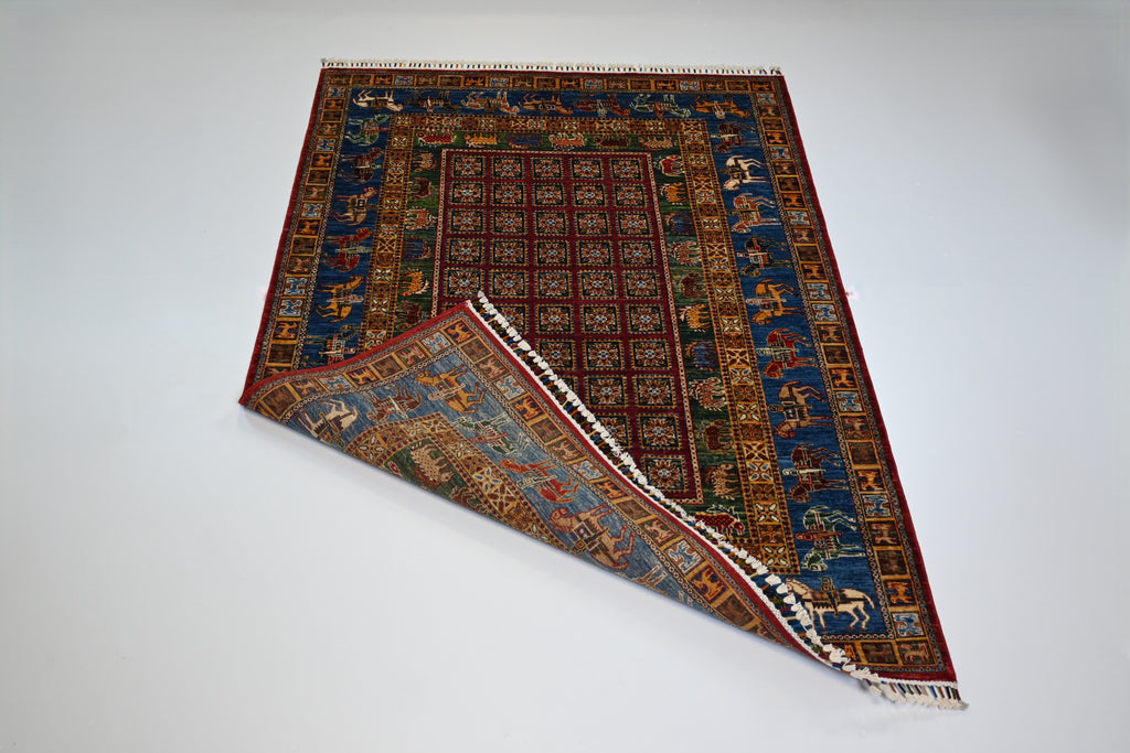 Afgan El Dokuma Halı | 204x152 cm | 35x40 İlmek | %100 Yün – Doğal Kök Boya – Hayvan Motifli | Yeni Dokuma