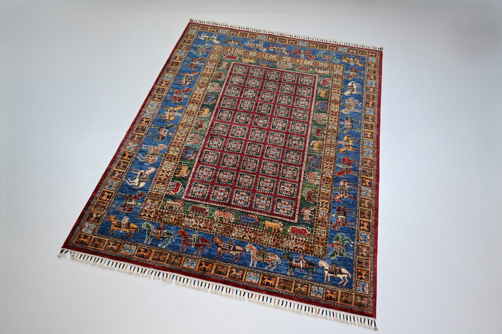 Afgan El Dokuma Halı | 204x152 cm | 35x40 İlmek | %100 Yün – Doğal Kök Boya – Hayvan Motifli | Yeni Dokuma