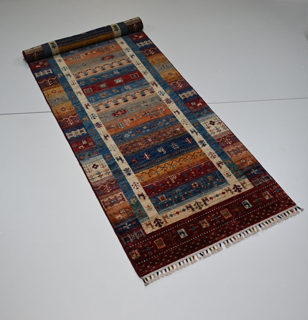 Gabbeh El Dokuma Yolluk | 250x083 cm – 35x40 İlmek – %100 Yün – Doğal Boya – Şeritli Motif – Yeni Dokuma